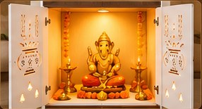 Open mandir doors showing the inner sanctum with a Ganesh idol and lamps
