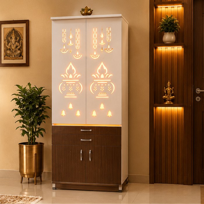 WoodAnand Modern Home Temple with lit cut-out doors, two drawers and a lower cabinet